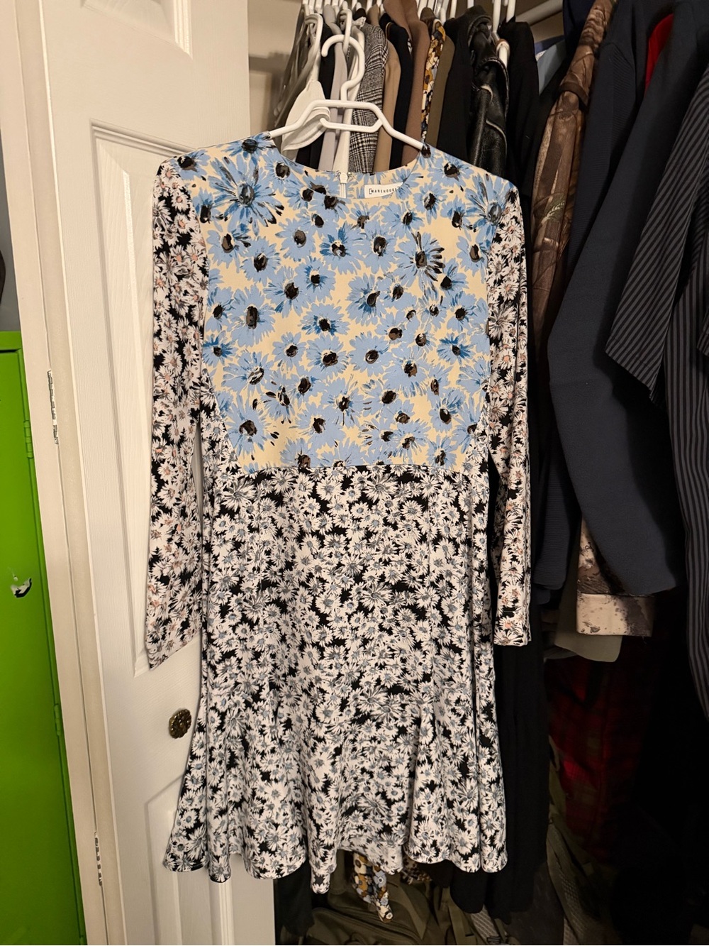 Warehouse Floral Patchwork Long-Sleeve Midi Dress - Light Blue & Black
